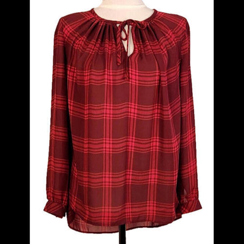 A.N.A. A New Approach Size Petite Small Blouse Red Plaid Top Sheer
